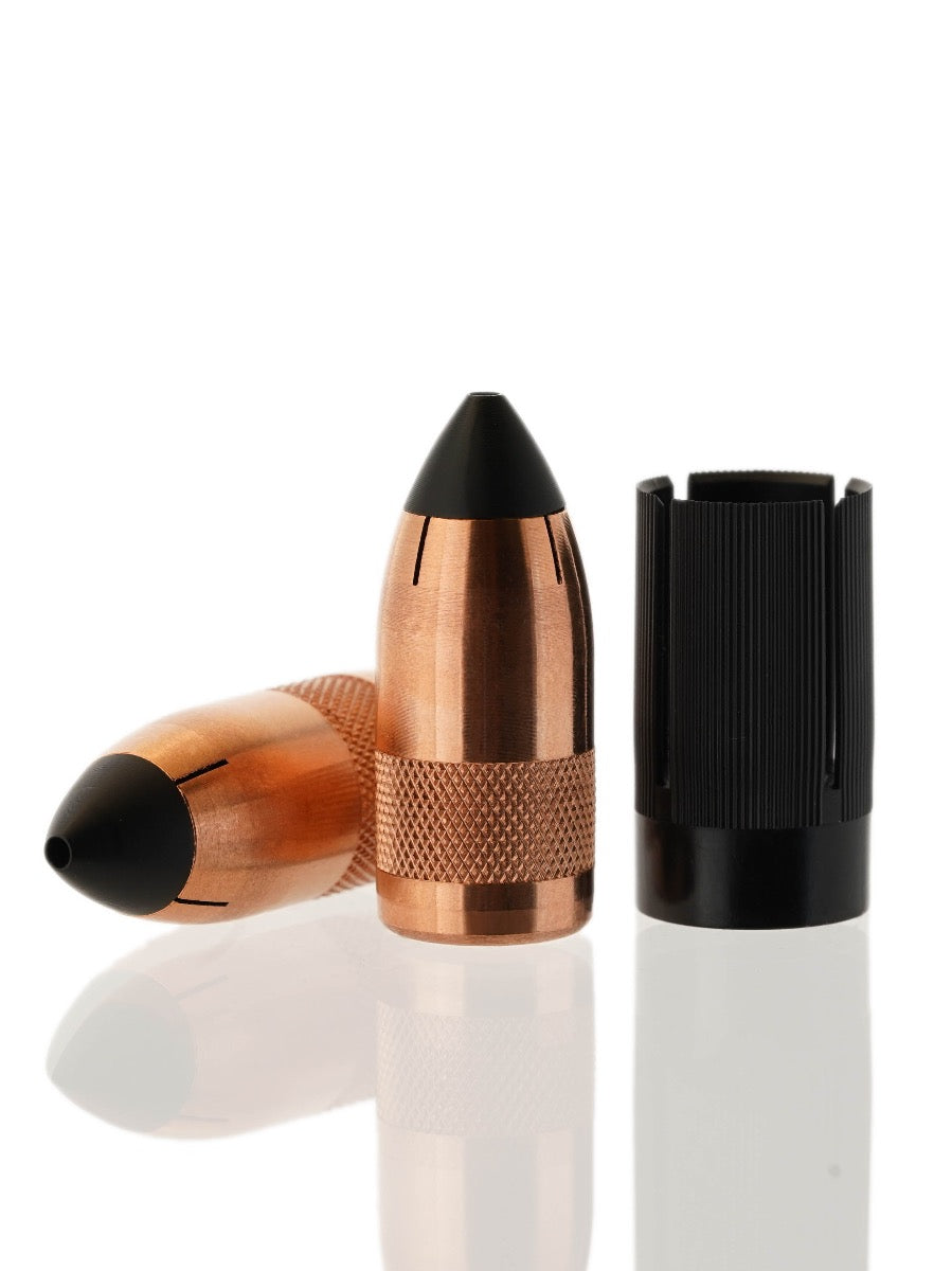 copper hollow point tipped muzzleloader bullet with black sabot